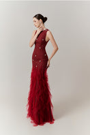 Red Potter Mermaid Jewel Neck Organza Gown by Happy Clothing, featuring a fitted silhouette and elegant jewel neckline.