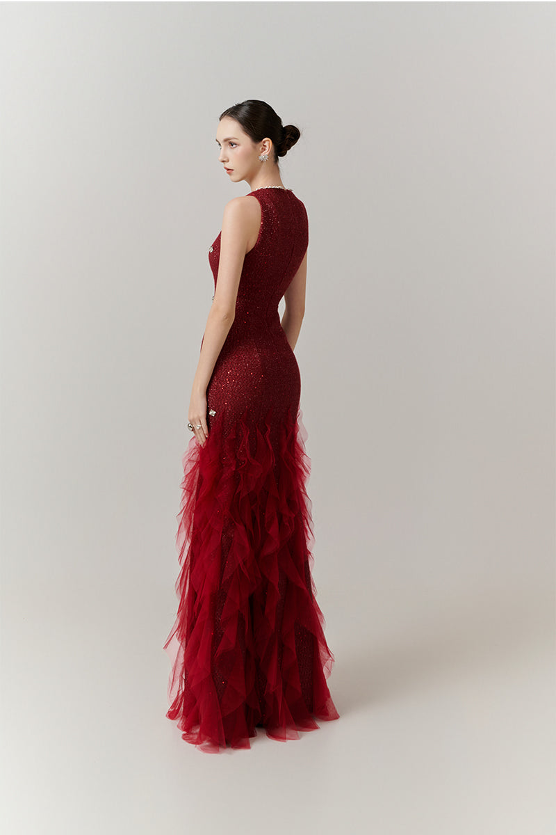 Red Potter Mermaid Jewel Neck Organza Gown by Happy Clothing, featuring a fitted silhouette and elegant jewel neckline.
