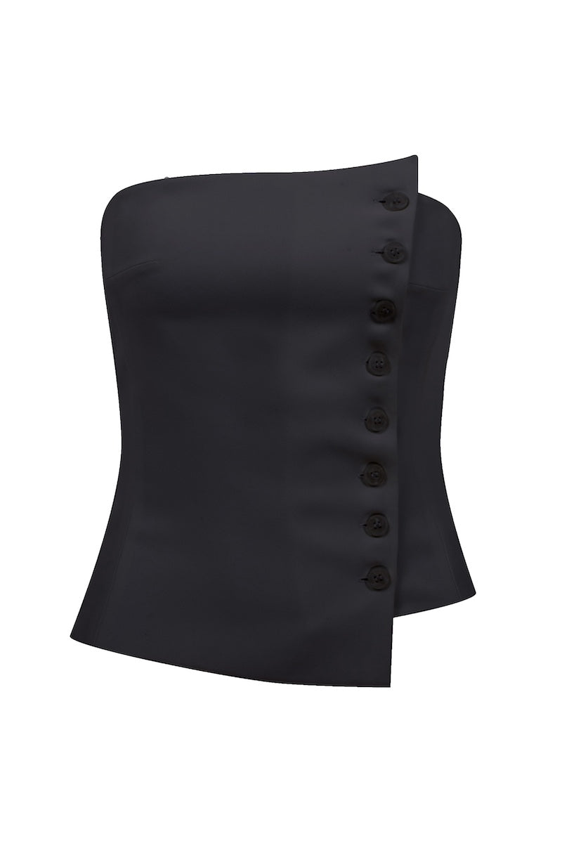 Black ODYLE top by Nazlı Ceren, front view showing sleek design and fabric texture.