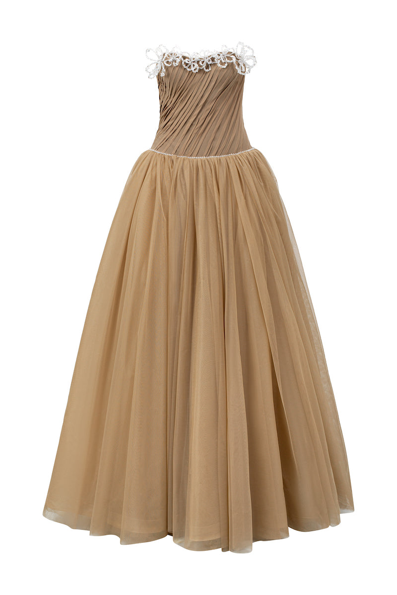 OFF-SHOULDER CHIFFON AND MESH GOWN