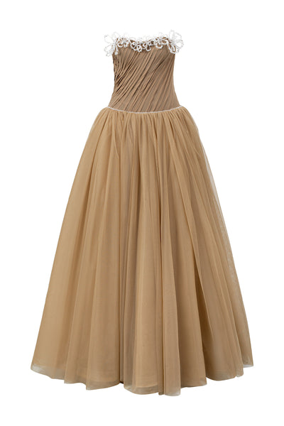 OFF-SHOULDER CHIFFON AND MESH GOWN | CULT MIA