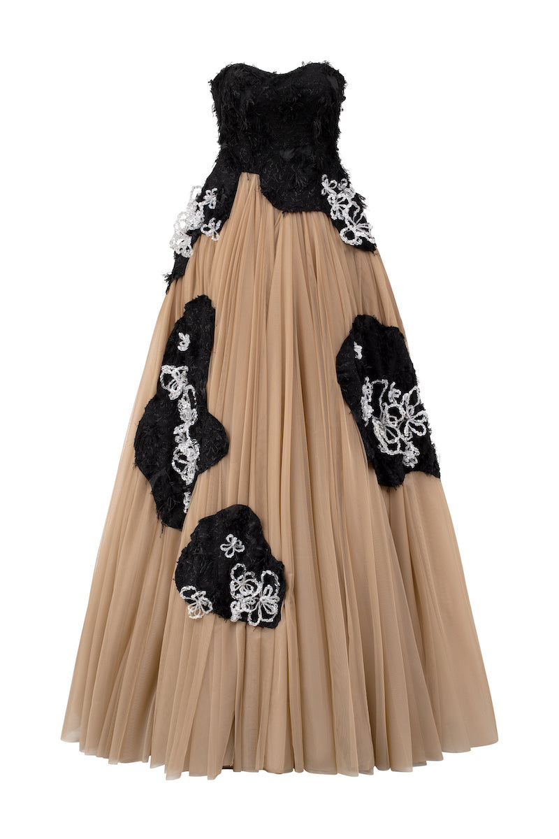 OFF-SHOULDER FRINGE JACQUARD AND MESH FLARED MAXI DRESS