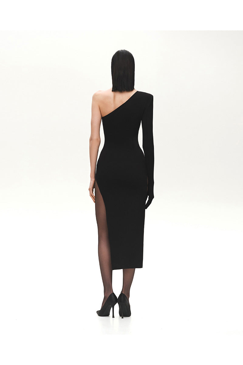 Black Kris Marán One Glove midi dress with a stylish cut and back detail, showcasing elegant design and sleek silhouette.
