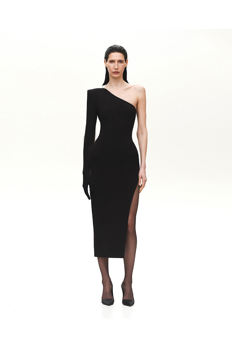 Black Kris Marán One Glove midi dress with a stylish cut-in detail, featuring a sleek, elegant design perfect for fashionable occasions.