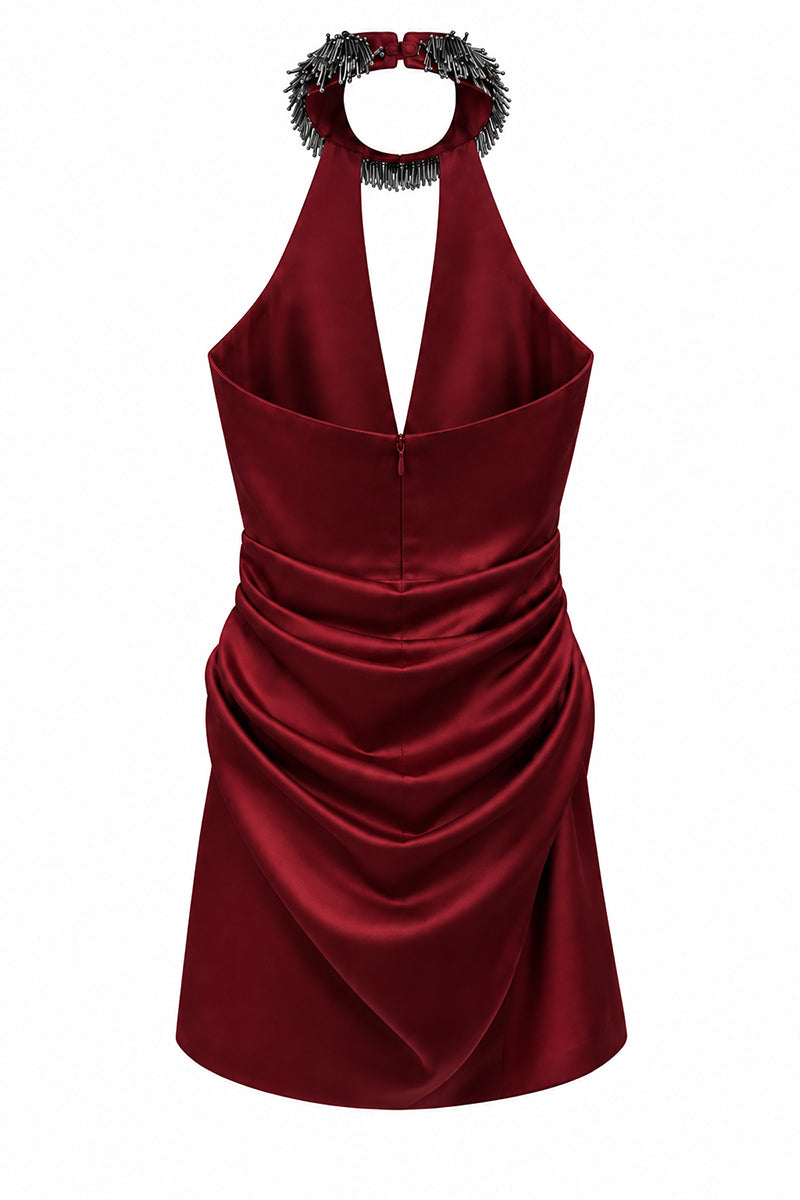 Urban Muse burgundy mini dress with onyx embellishments, stylish and elegant for special occasions.