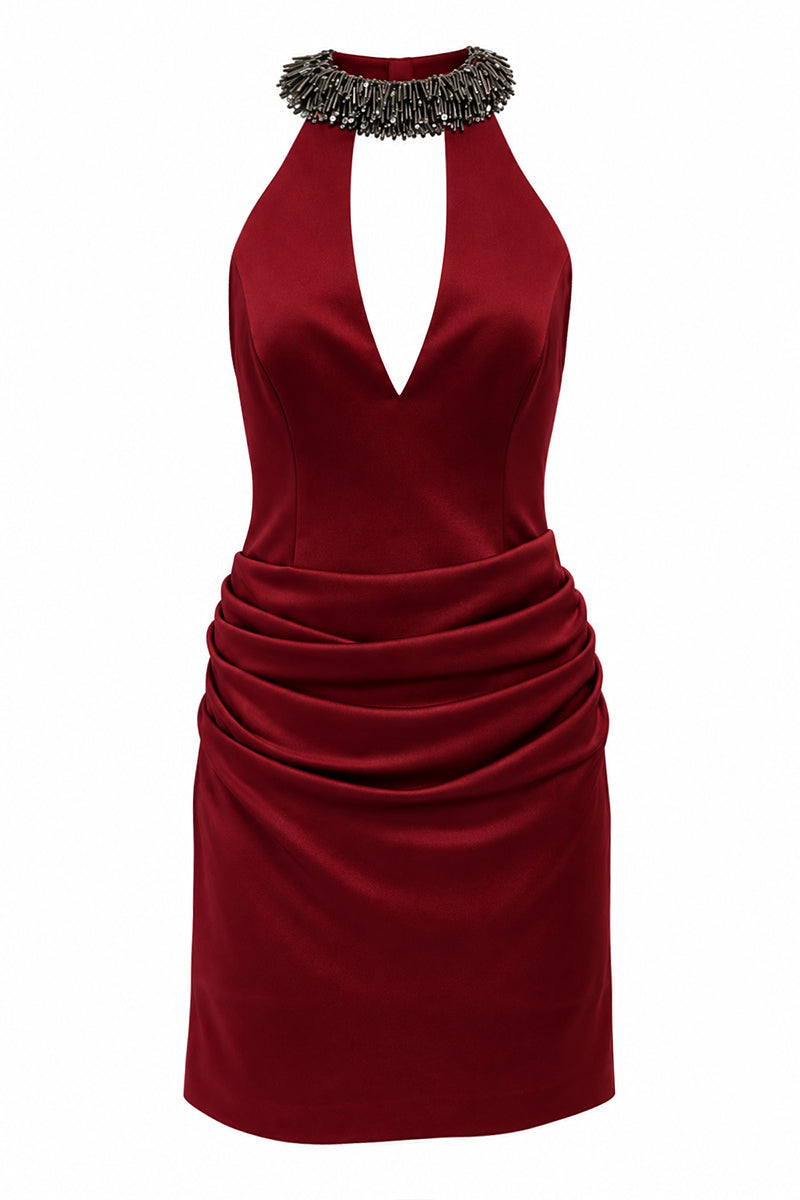 Urban Muse burgundy mini dress with onyx embellishments, featuring a stylish and elegant design perfect for special occasions.