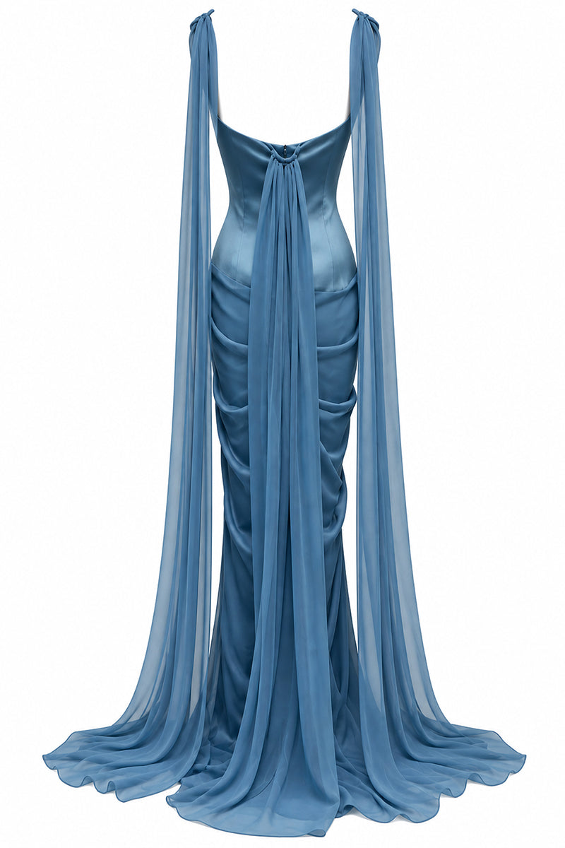 Blue ORELIS gown by URBAN MUSE featuring elegant fabric and a flowing silhouette, perfect for stylish occasions.