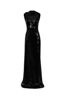 A black Eclipse gown by Aquarel Studio featuring elegant fabric and a flowing silhouette, displayed on a dress form.