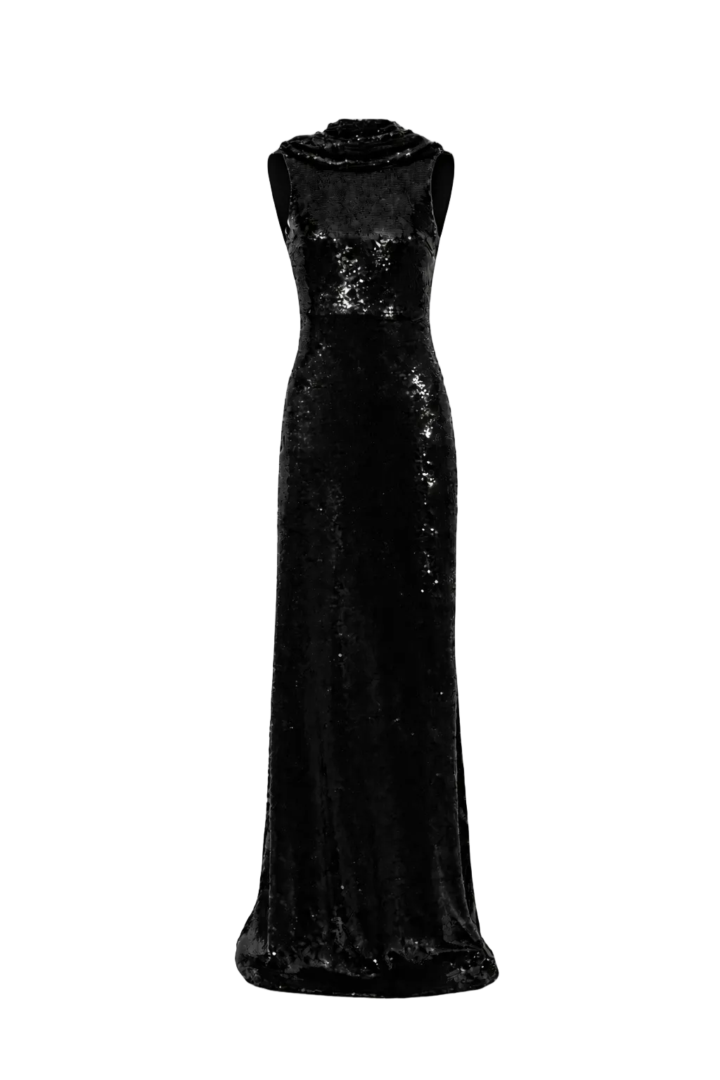 A black Eclipse gown by Aquarel Studio featuring elegant fabric and a flowing silhouette, displayed on a dress form.