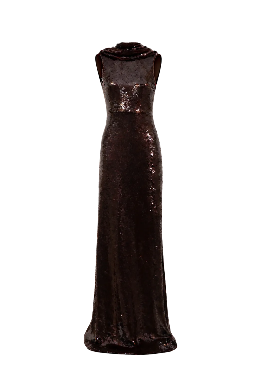 Aquarel Studio Eclipse gown in brown, featuring elegant fabric and flowing design, displayed on a mannequin.