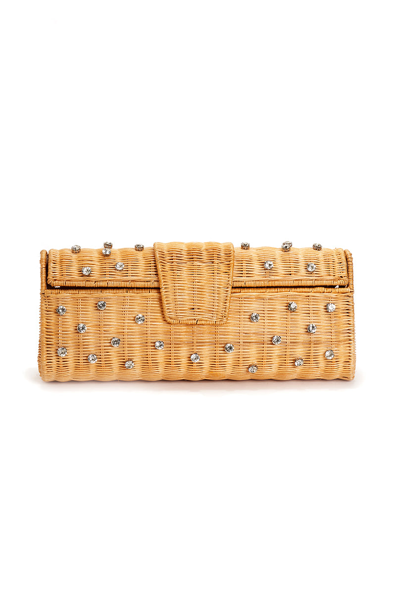 Emm Kuo Paloma Raffaia Wicker Evening Clutch with woven natural wicker design and elegant shape.