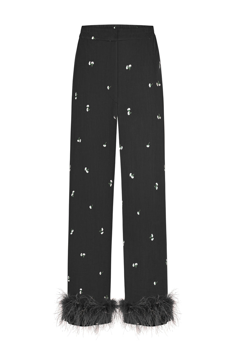 Sayya black pants with feather details, featuring a stylish and trendy design perfect for fashionable outfits.