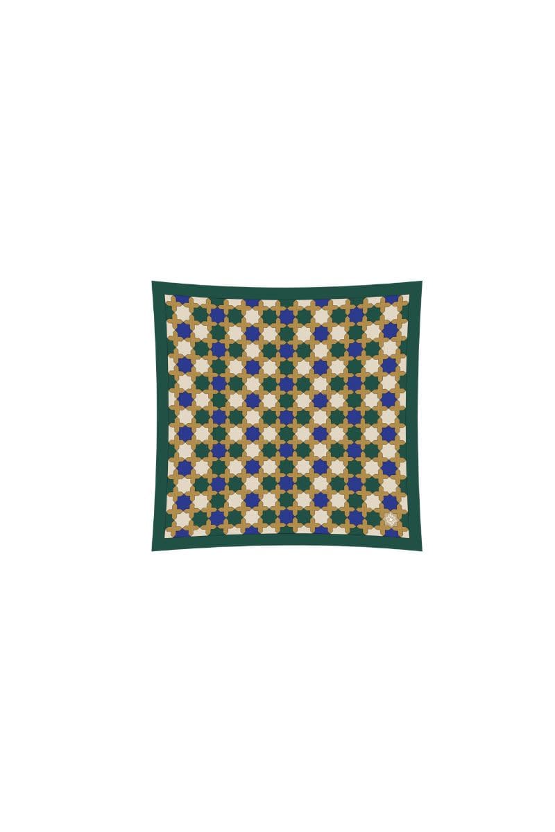 Multicolor green geo-star silk scarf by PheraHS featuring intricate geometric patterns and soft, luxurious fabric.