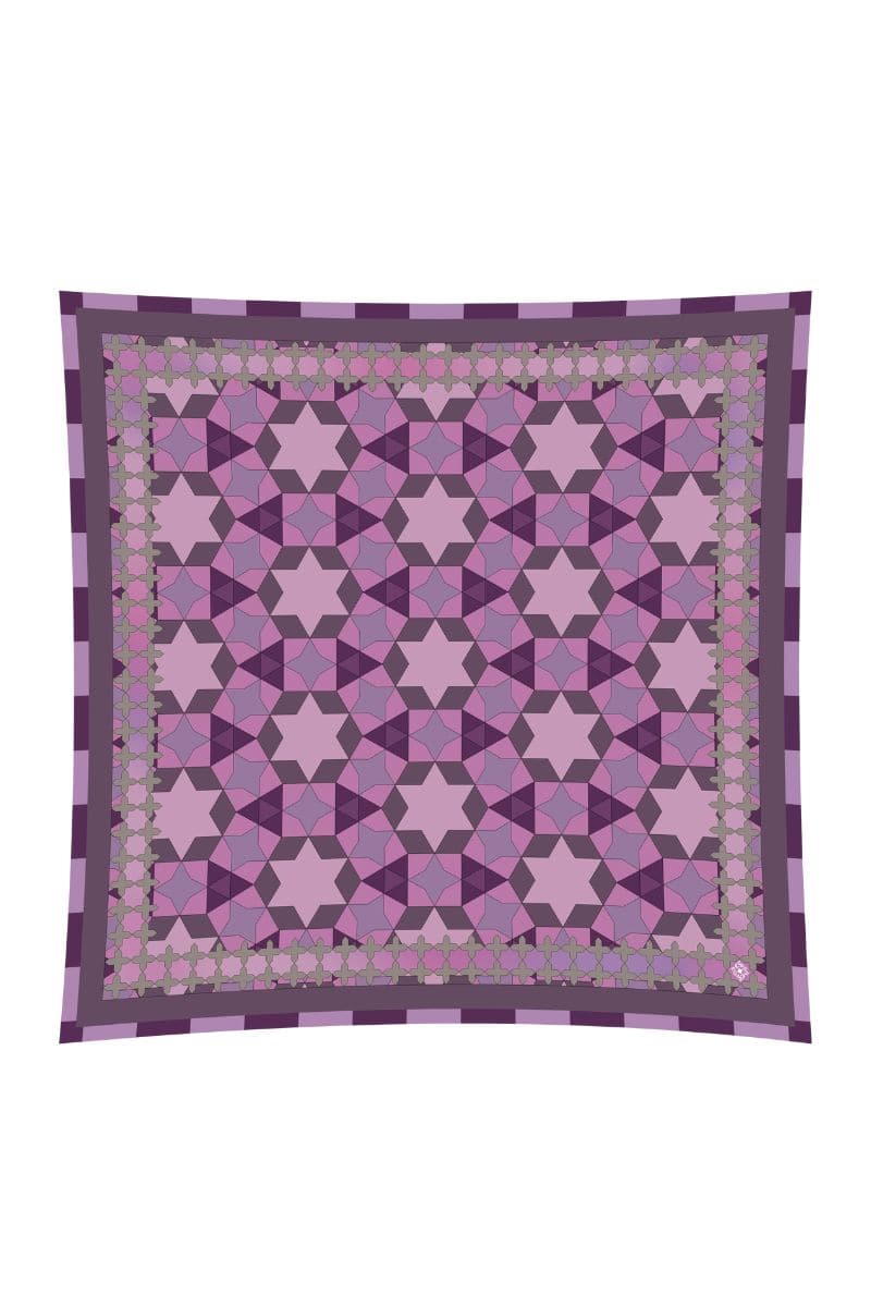 Pink Geo-Star silk scarf by PheraHS featuring multicolor geometric star patterns, lightweight and elegant accessory.
