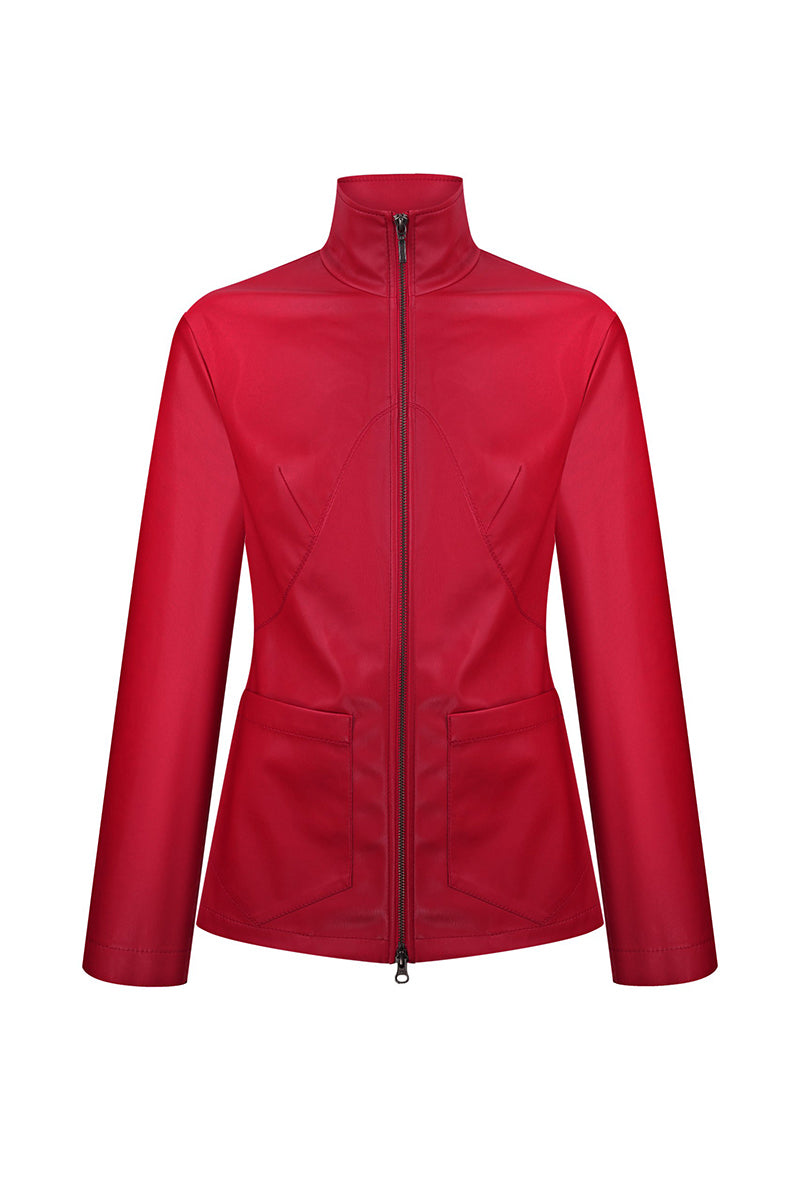 Red leather jacket from Sayya featuring a classic design and stylish fit, perfect for a trendy, bold look.