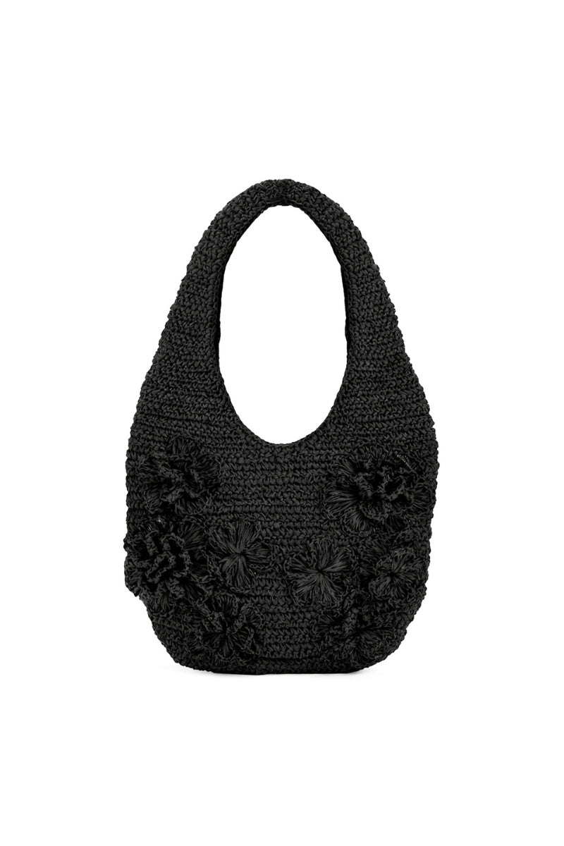 Black Pinet Mini Shoulder Bag by Emm Kuo, featuring a sleek compact design with a top handle and shoulder strap.