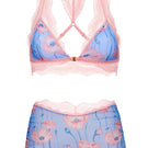 Pink lace lingerie set featuring a bralette and boyshorts from Luciela's Poppy collection, displayed on a neutral background.