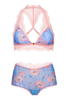 Pink lace lingerie set featuring a bralette and boyshorts from Luciela's Poppy collection, displayed on a neutral background.