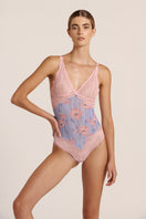 Pink mesh lace Poppy bodysuit by Luciela, stylish underwear with delicate detailing and a fitted silhouette.