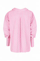 Back view of a pink gingham oversized shirt by TAGG, showing relaxed fit and classic pattern on soft cotton fabric.