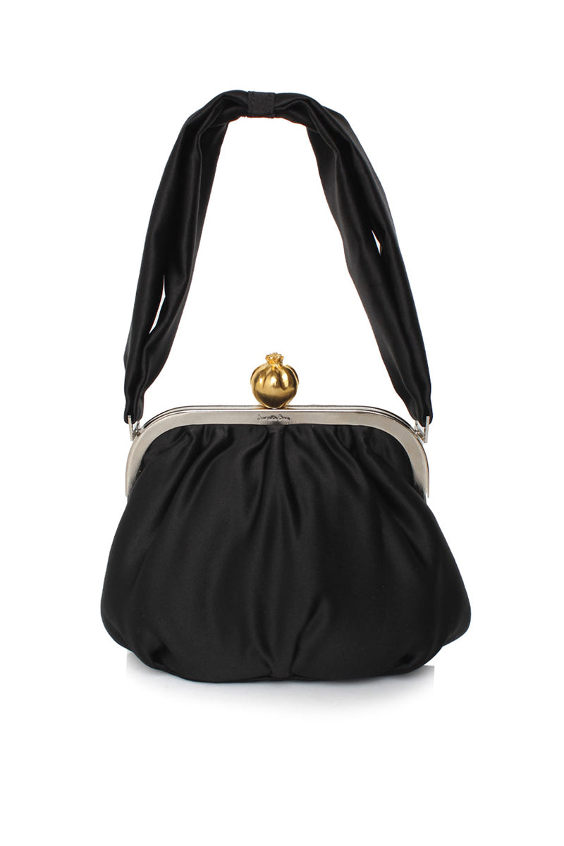 Black satin shoulder handbag with pomegranate embellishments by Sarah's Bag, elegant and stylish for evening wear.