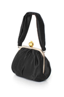 Sarah's Bag black satin Bella handbag with pomegranate embellishments, stylish shoulder bag with elegant design.