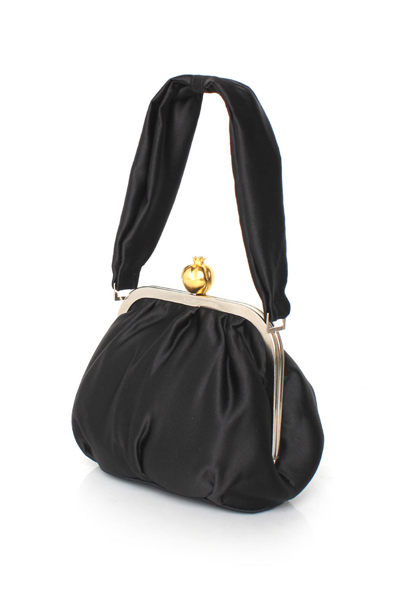 Sarah's Bag black satin Bella handbag with pomegranate embellishments, stylish shoulder bag with elegant design.
