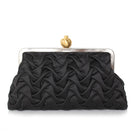 Sarah's Bag pomegranate satin clutch with black smocking, featuring a classic design and elegant textured surface.