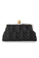 Sarah's Bag pomegranate satin clutch with black smocking, featuring a classic design and elegant textured surface.