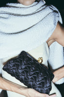 Sarah's Bag pomegranate satin clutch with smocking detail, black satin material, classic elegant design, compact evening bag.
