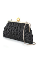 Black satin clutch with pomegranate embellishments from Sarah's Bag, featuring a smocking design and classic shape.