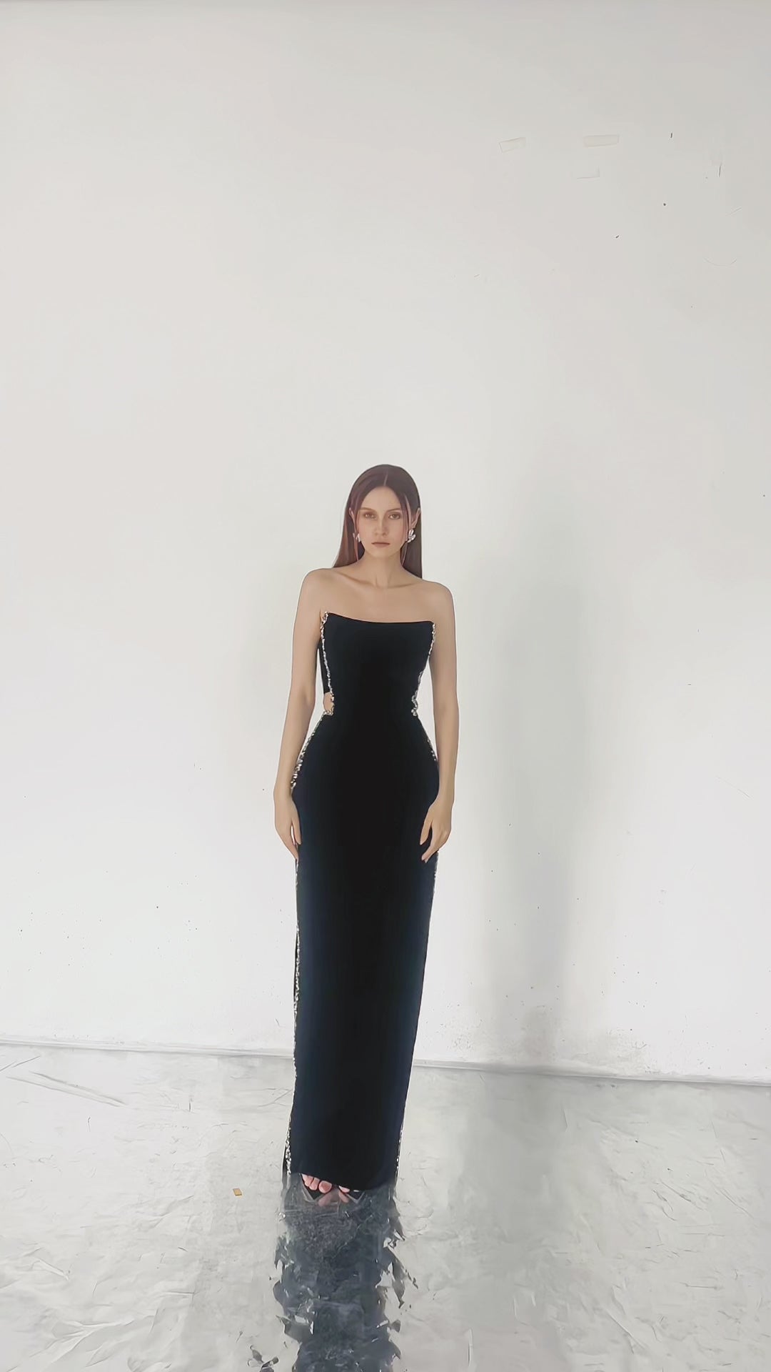 BLACK VELVET BODY DRESS WITH STONE DETAILS