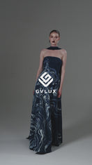 STRAPLESS GOWN WITH CRYSTAL-EMBROIDERED MARBLEWOOD IN BLUE