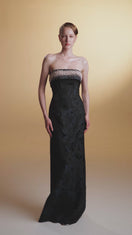 BLUE STRAPLESS BALLGOWN IN ROSE DESIGN BROCADE