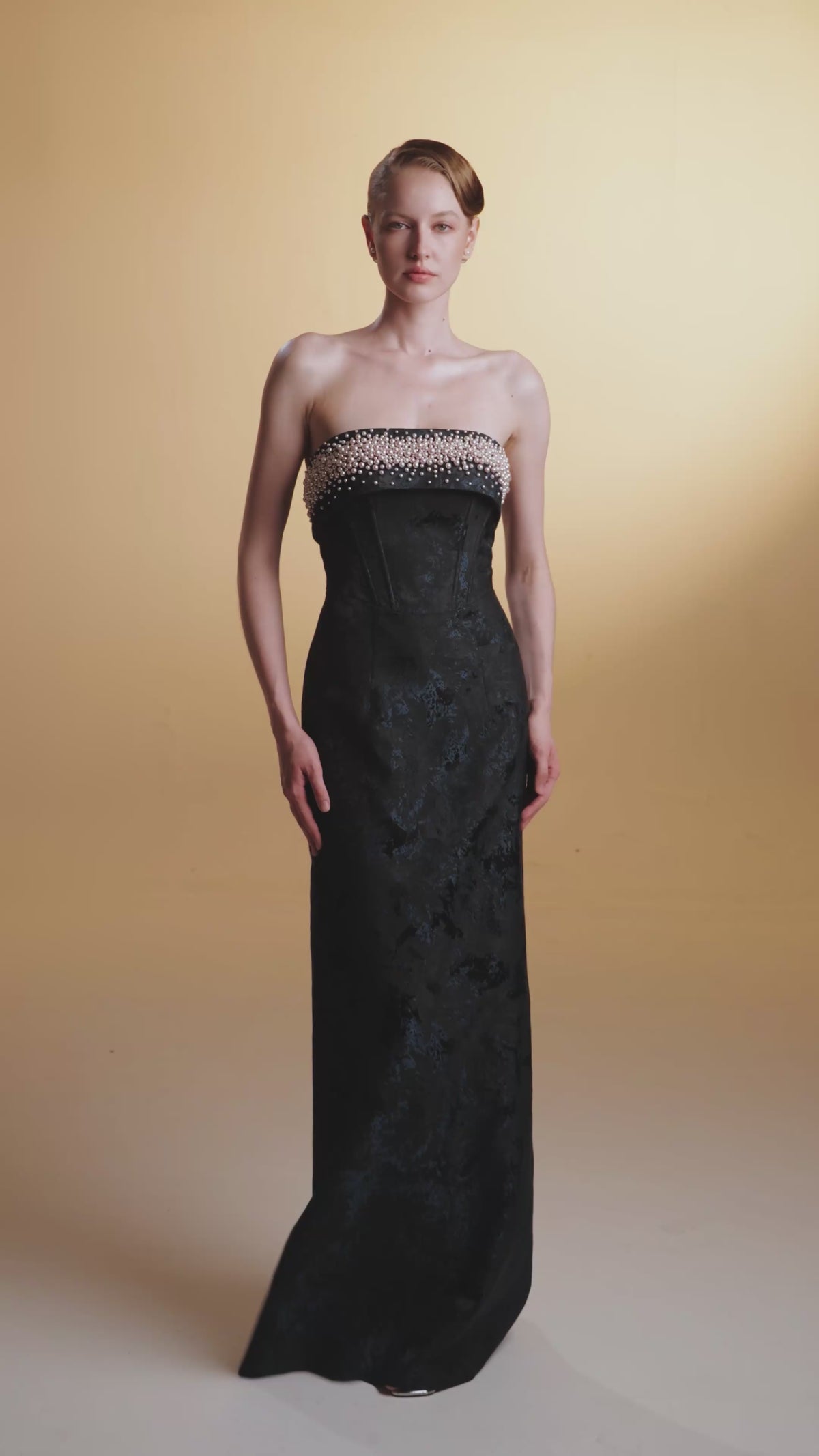 BLUE STRAPLESS BALLGOWN IN ROSE DESIGN BROCADE