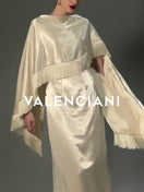 COLUMN GOWN WITH FRINGED TRIM CAPE IN CREAM