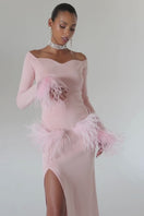 JUPE EN MAILLE ROSE VANILLE AVEC PLUMES