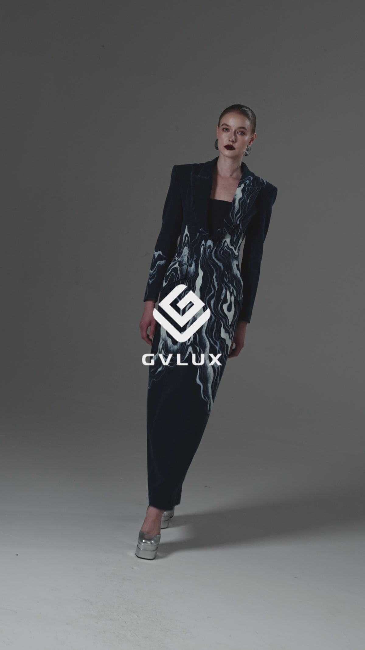 TUXEDO DRESS WITH HAND-PAINTED PATTERN IN BLUE
