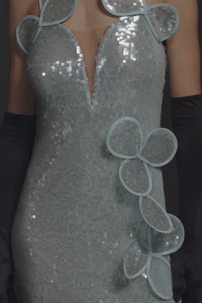 ROBE À APPLIQUES FLORALES ET BUSTIER PAILLETTÉ BLEU CLAIR