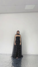 STRAPLESS STONE FLOOR LENGTH BLACK DRESS WITH SCARF DETAIL