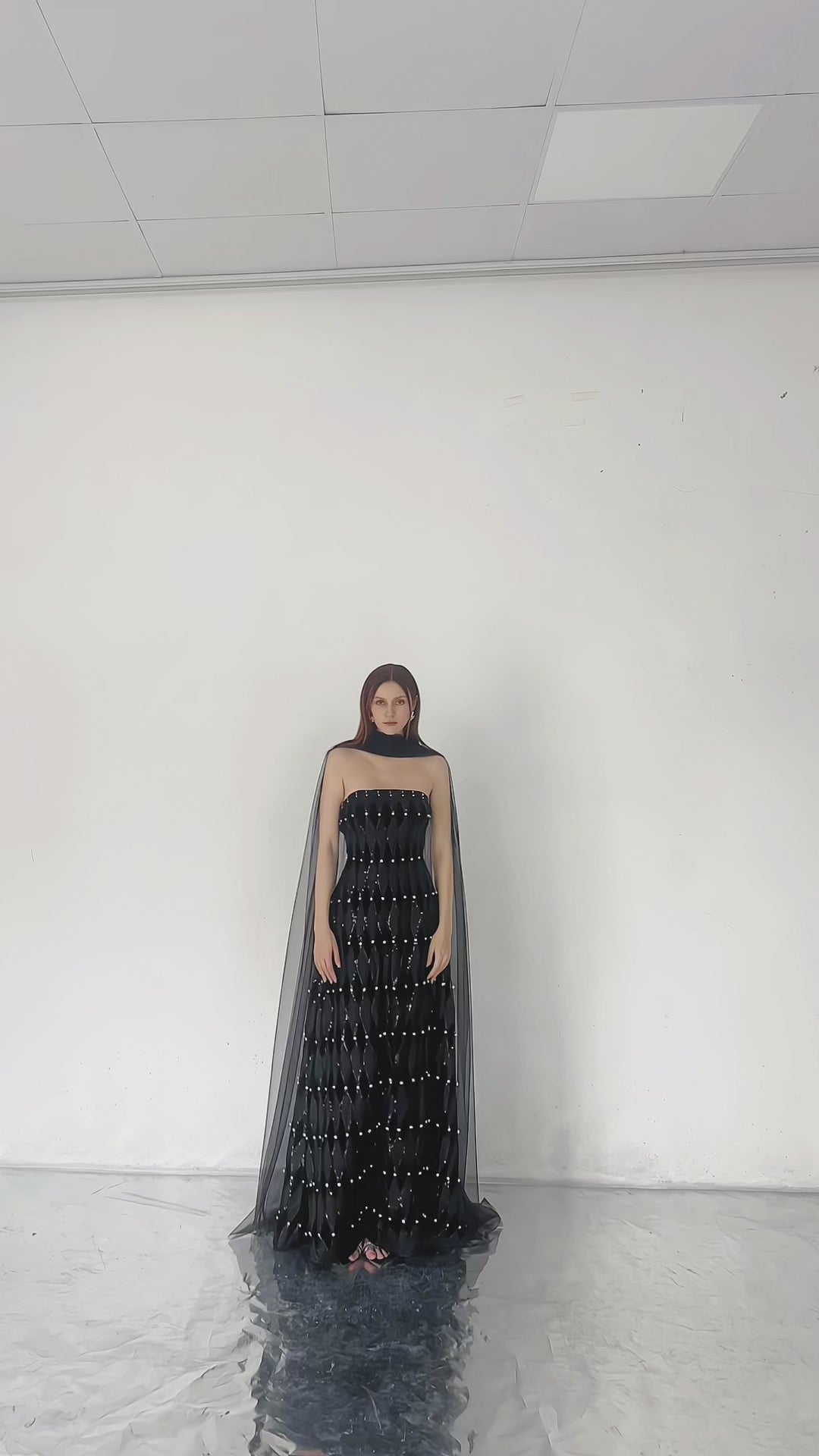 STRAPLESS STONE FLOOR LENGTH BLACK DRESS WITH SCARF DETAIL