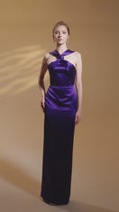 PURPLE SATIN SILK DRESS WITH A RUCHED NECKLINE AND TIE
