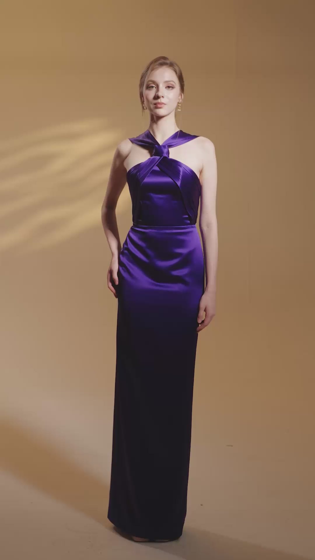 PURPLE SATIN SILK DRESS WITH A RUCHED NECKLINE AND TIE