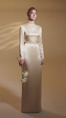 BEIGE SATIN SILK DRESS WITH A DRAPED BACK AND TIE DETAIL