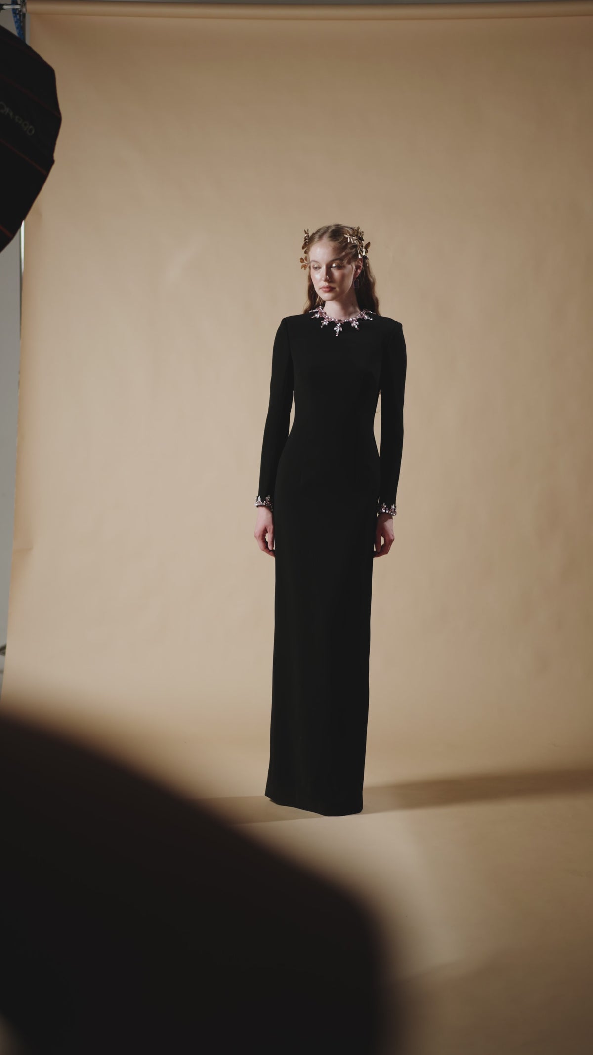 CREPE SILK LINED EMBELLISHED GOWN IN BLACK