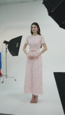CULT MIA X I.H.F STUDIO SEQUIN FLORAL PINK LACE STRUCTURED MIDI DRESS