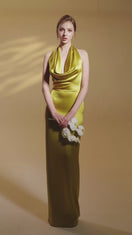 BEIGE SATIN SILK HALTER DRESS WITH PLEATED DETAILING