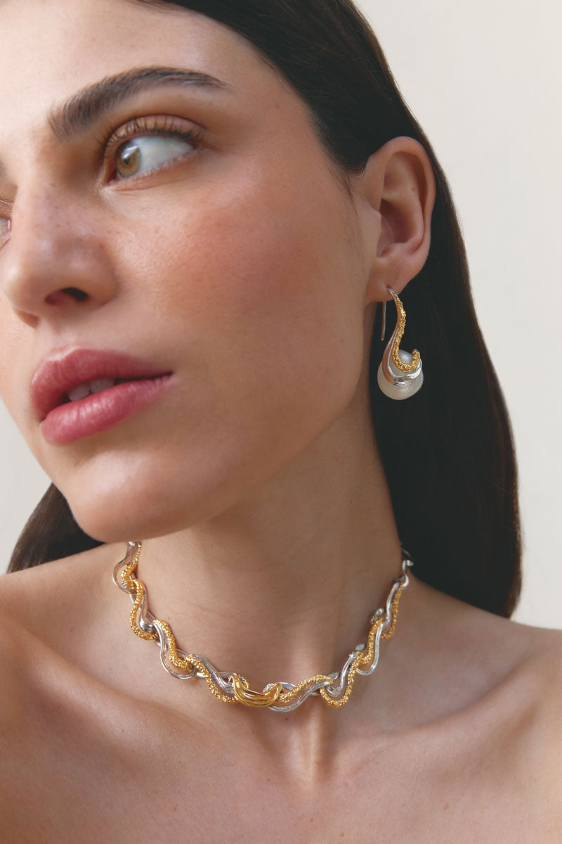Jude Benhalim Eternity Earrings featuring intricate silver hoop design with detailed craftsmanship.