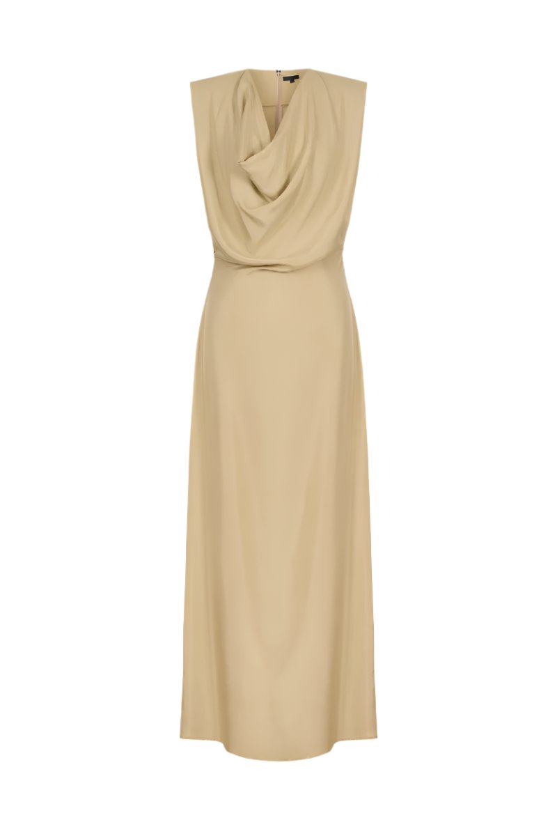 DRAPED NECK LONG DRESS IN BEIGE - CULT MIA