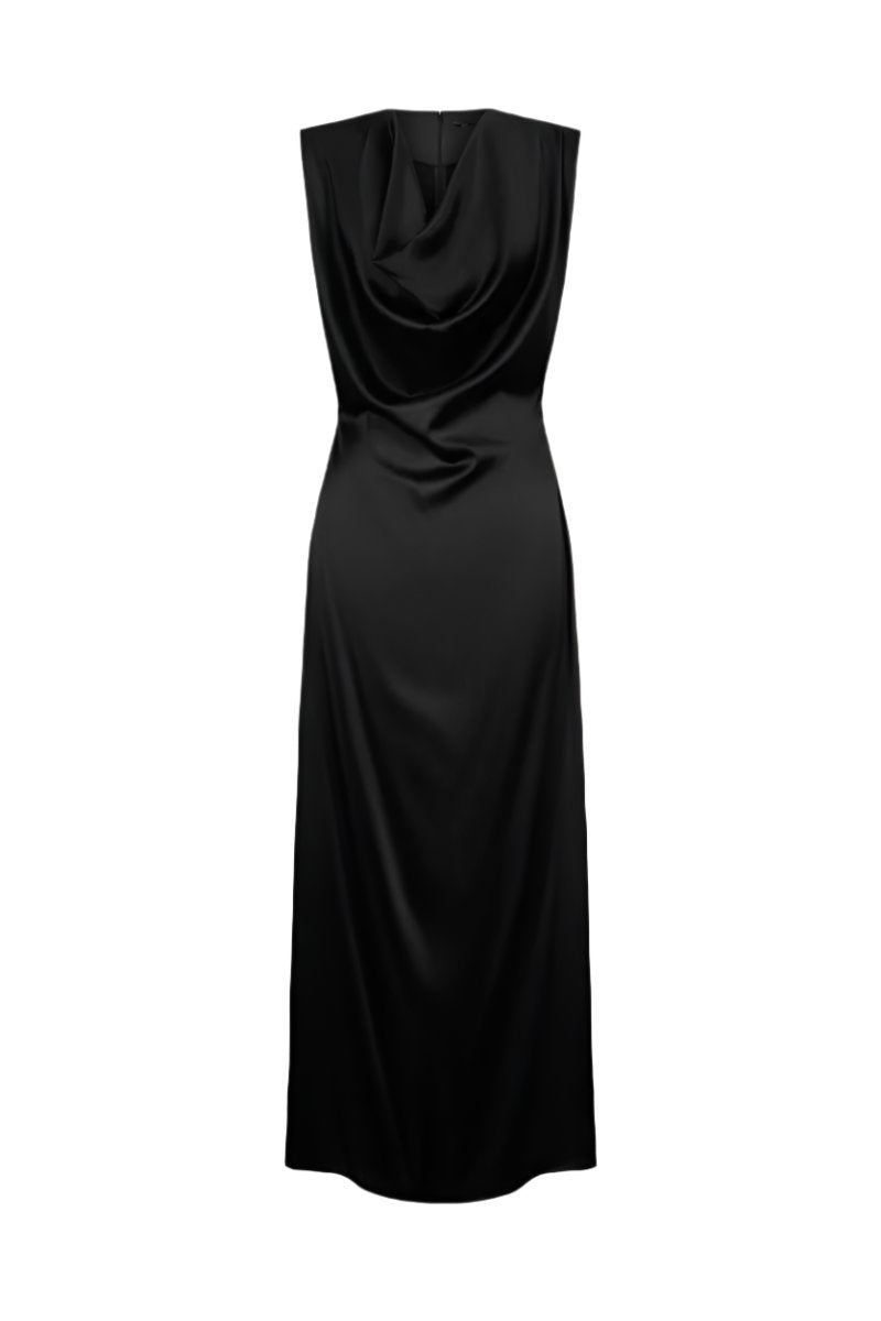 DRAPED NECK LONG DRESS IN BLACK - CULT MIA